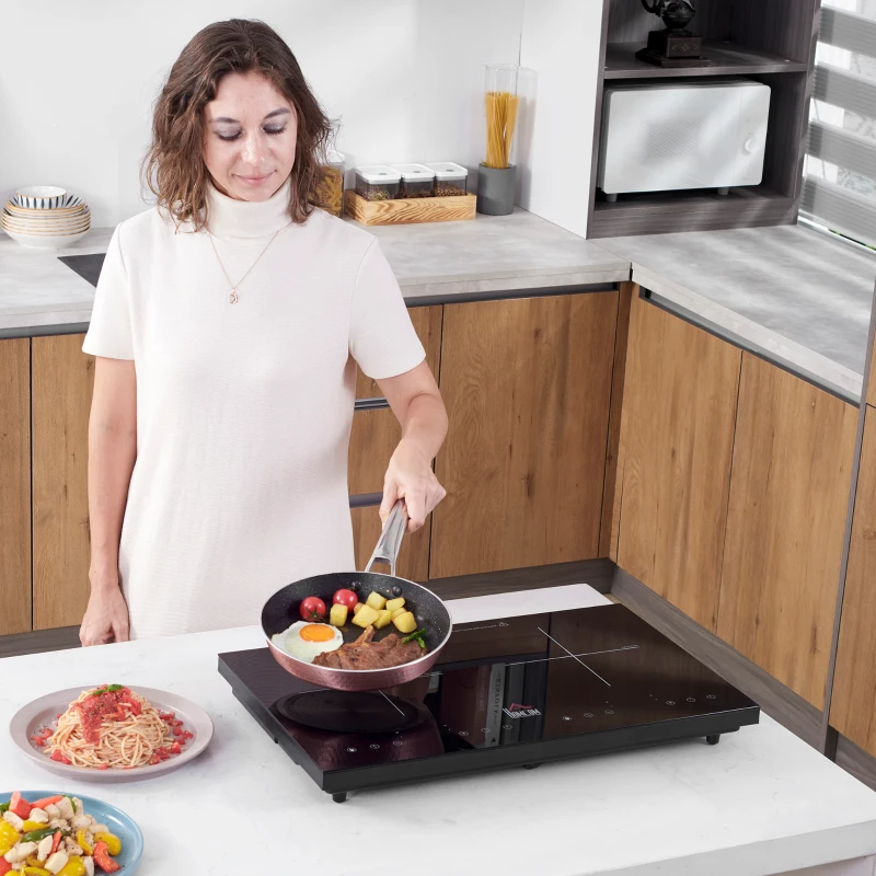 HOMCOM Portable Induction Hob Double Induction Cooker 2800W Twin Hot Plate Electric Cooktop with 8 Power & Temperature Levels 4H Timer Child Lock Sensor Touch LED Display Crystal Glass