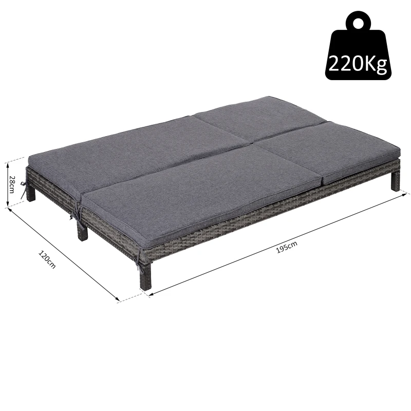 Outsunny Double Rattan Sun Lounger, Garden Daybed with 5-Level Adjustable Backrest, Outdoor Lounge Sunbed with Cushion and Pillows, 2 Seater Wicker Patio Furniture, Grey