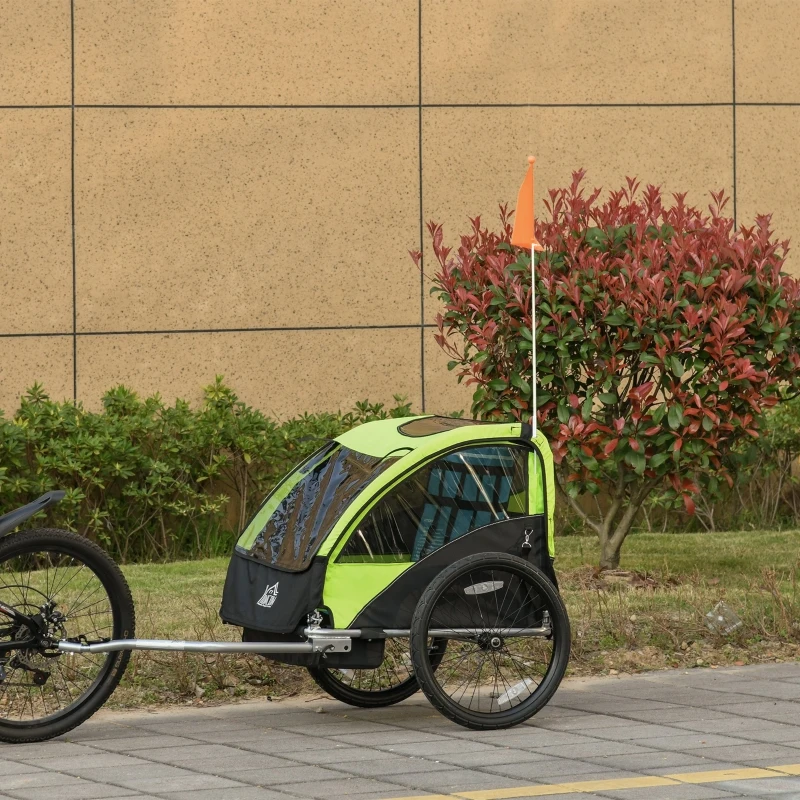 HOMCOM Child Bike Trailer Foldable 2-Seat Baby Transport Carrier with Storage Bag Five-point Safety Harness Hitch Coupler Green