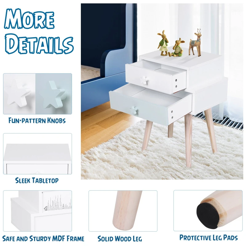 HOMCOM Children Bedside Table Set of 2 w/ Two Drawers Bedroom Kids Storage Cabinet Chest Blue & White 42 x 30 x 57 cm
