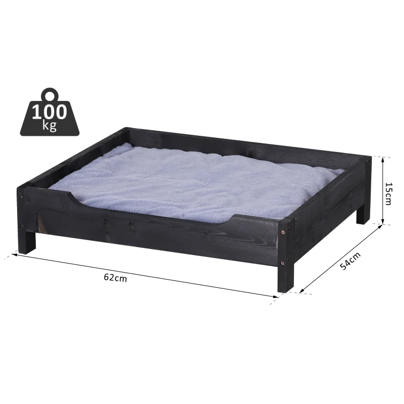 PawHut Wooden Elevated Dog Sofa Pet Bed Cat Kitten Lounger with Cushion Soft Comfortable Lightweight Black 62 x 54 x 15 cm