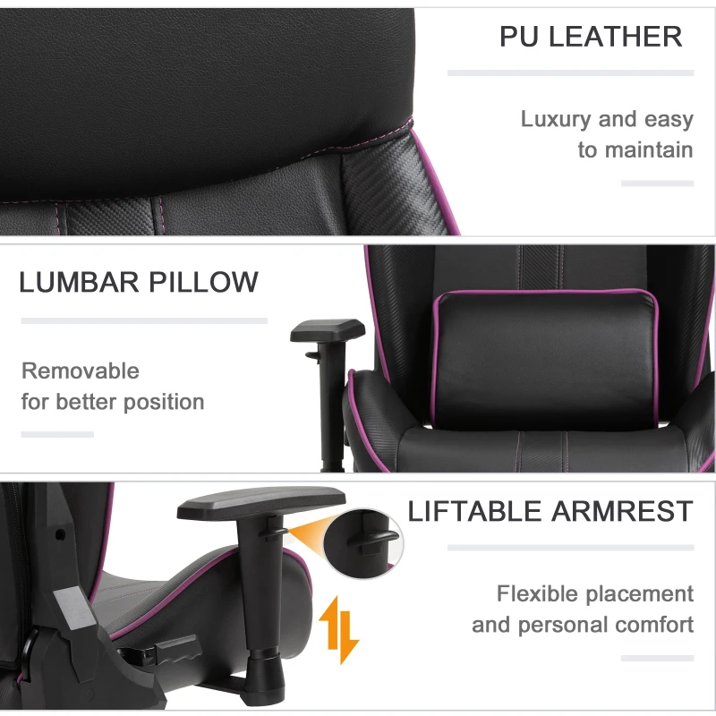 Vinsetto Racing Gaming Chair Adjustable Height Metal Frame w/ Wheels, Pillow Suitable For Home Office - Black&Purple