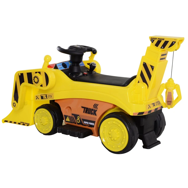 HOMCOM Kids Ride-On Digger Bulldozer Themed Car w/ Lights Horn Music Player and Moving Excavator Yellow