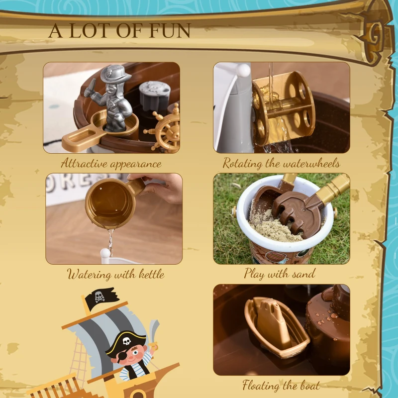 HOMCOM Pirate Ship Theme Sand and Water Table Beach Toy Set 2 in 1 Outdoor Activities Playset for Kids with Accessories 26 Pcs Garden Sandpit Sandbox for Beach Bath 3 Years Old Toddlers