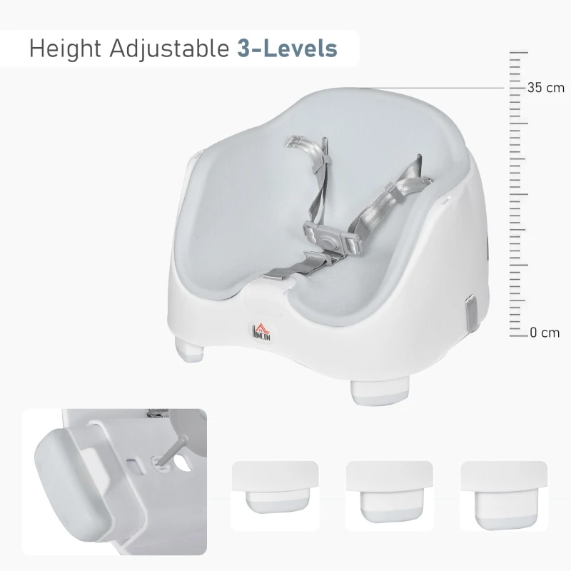 HOMCOM Baby Booster Seat for Dining Portable Toddler Feeding Chair  w/ 3 Point Harness Strap Height Adjustable Removable Cushion Detachable Tray Non-Slip Feet Grey