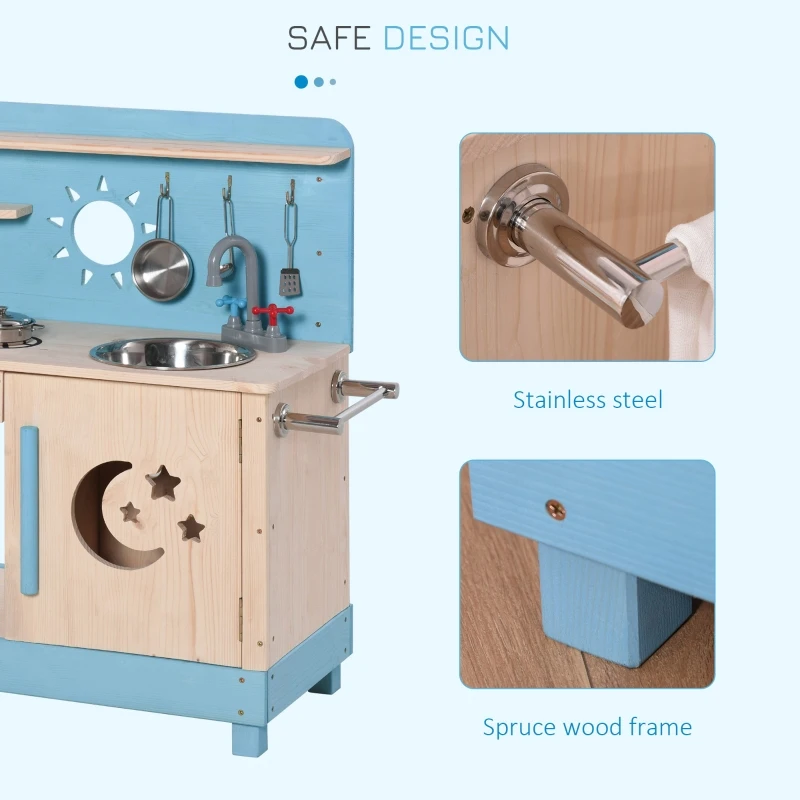 Outsunny Kids Kitchen Playset with Pretend Pots and Pans for 3+ Years Old