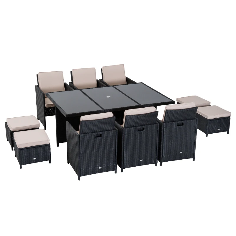 Outsunny Outdoor 11pc Rattan Garden Furniture Patio Dining Set 10-seater Cube Sofa Weave Wicker 6 Chairs 4 Footrests & 1 Table - Black