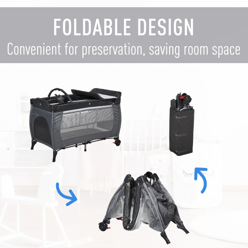 HOMCOM Portable Baby Infant Travel Cot Bassinet and Changing Top Metal Frame Mesh Panel Storage Pocket Locking Wheels 0-3 Yrs Grey