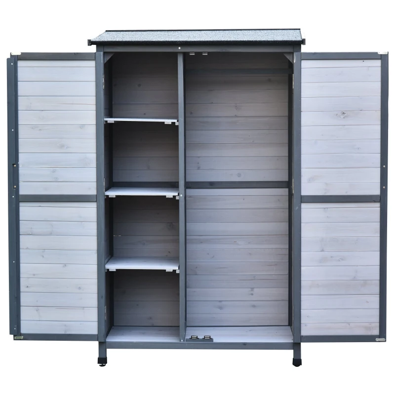Outsunny Garden Shed Wooden Garden Storage Shed 160H x 100L x 60Wcm 3 Tier Shelves 2 Doors Tilted Asphalt Roof Outdoor Tools Equipment Storage - Grey