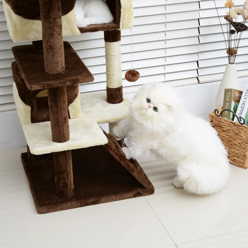 Pawhut Cat Tree Cat Condo W / Kitty Play Hammock-Coffee/Cream