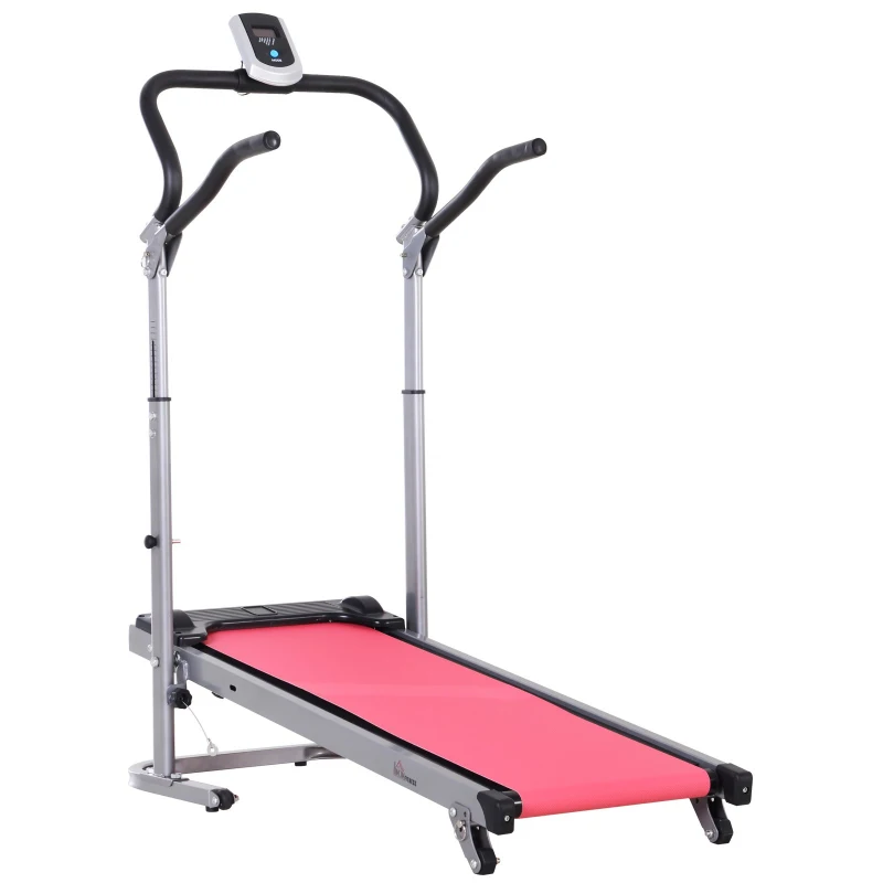 HOMCOM Multi-function Folding Manual Walking Treadmill  Machine & Sit-up Equipment Fitness Exercise Trainer Slope Height Adjustment with Handle - Rose Red