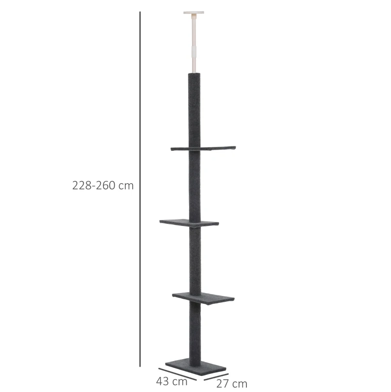 PawHut 260cm Floor To Ceiling Cat Tree for Indoor Cats w/ 3 Perches Flannel Upholstery Kitten Pet Rest Sleep Activity Tower Home Furniture Grey