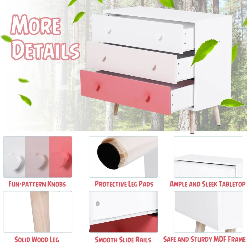 HOMCOM Children Chest Of 3 Drawers Cabinet Storage Heart Handle Kids Bedroom Furniture  Colorful White & Pink 90 x 42 x 80 cm