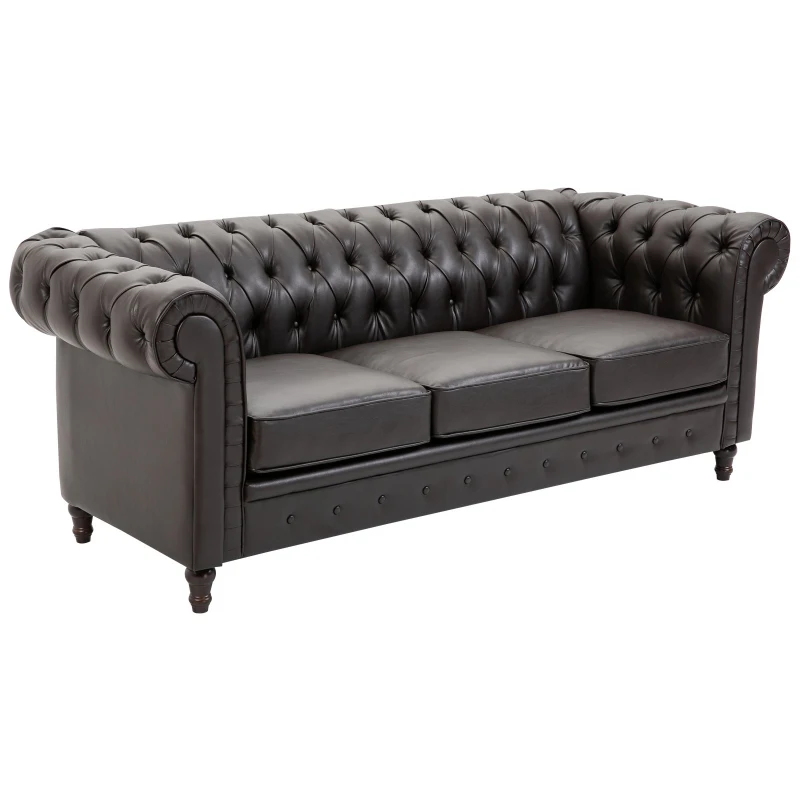 HOMCOM Tufted PU Leather 3-Seater Sofa on Solid Wood Legs Dark Brown