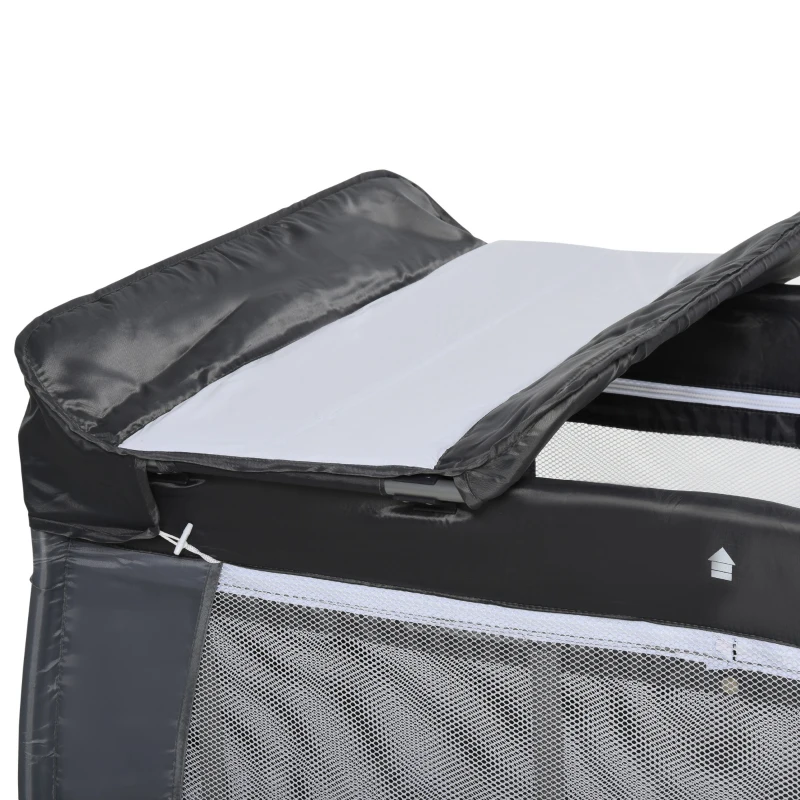 HOMCOM Portable Baby Infant Travel Cot Bassinet and Changing Top Metal Frame Mesh Panel Storage Pocket Locking Wheels 0-3 Yrs Grey