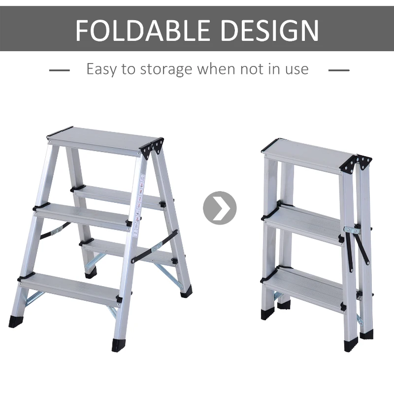 HOMCOM Aluminium Double Sided Step Ladder Folding A-type Household Stepper (3 Steps)