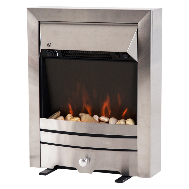 HOMCOM 2000W Electric Fireplace Pebble Burning Effect Heater Fire Flame Indoor Stove LED Lighting - Stainless Steel