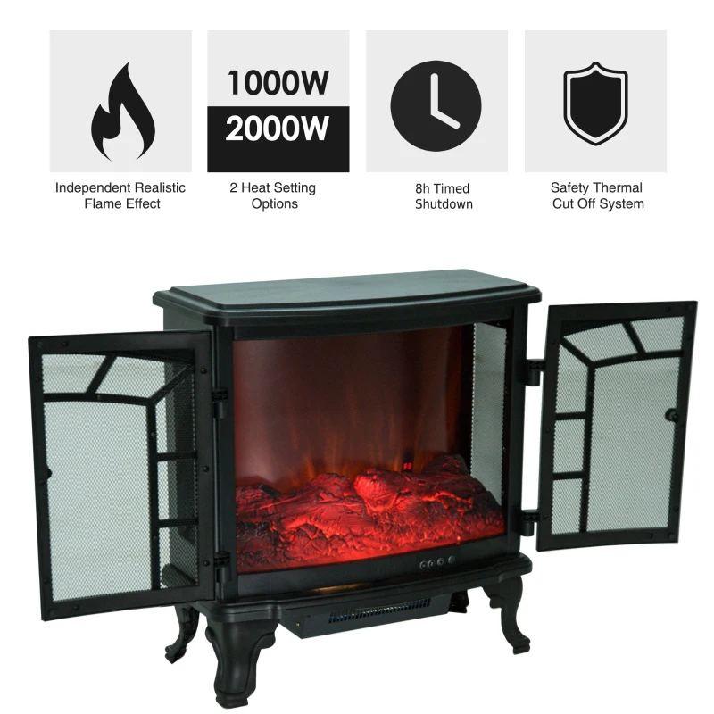 HOMCOM Electric Fireplace Heater w/LED Flame Effect, 1000W/2000W-Black
