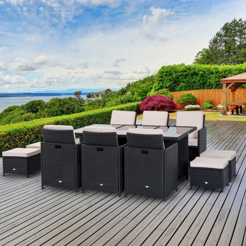 Outsunny Outdoor 11pc Rattan Garden Furniture Patio Dining Set 10-seater Cube Sofa Weave Wicker 6 Chairs 4 Footrests & 1 Table - Black
