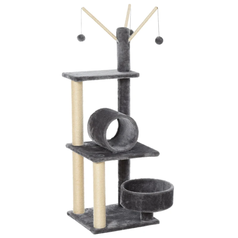 PawHut Cat Tree for Indoor Cats 121cm Kitten Tower Sisal Scratching Post Pet Activity Center Perch Condo Hanging Ball Grey
