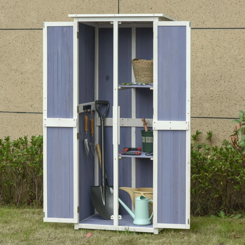 Outsunny Outdoor Garden Shed Wooden Garden Cabinet 3-Tier Double-door Storage Shed 2 Shelves Organizer with Handle Hooks Magnetic Latch Foot Pad 77 x 58 x 175cm Blue