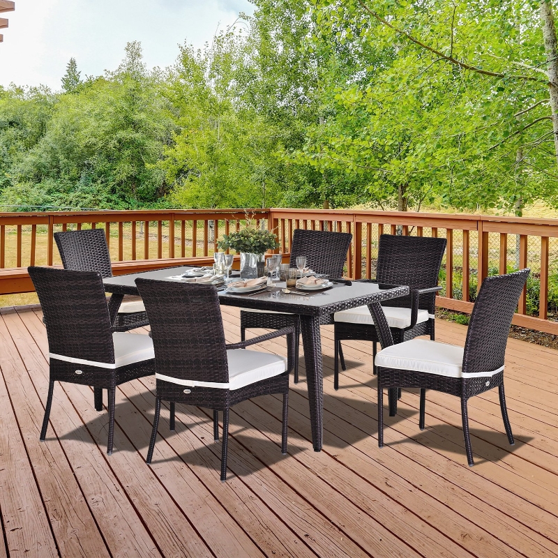 Outsunny 7 pcs Rattan Dining Set-Brown/Cream White
