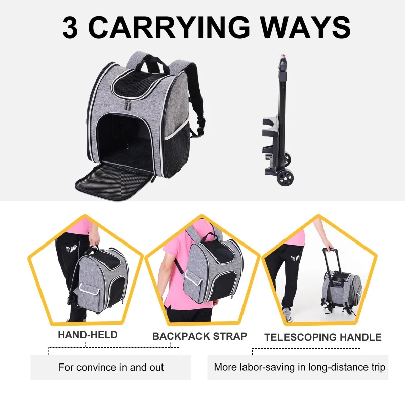 PawHut Pet Travel Trolley Suitcase Airline Suitable Carrier Backpack w/ Mesh Window Wheels and Padded Floor Grey