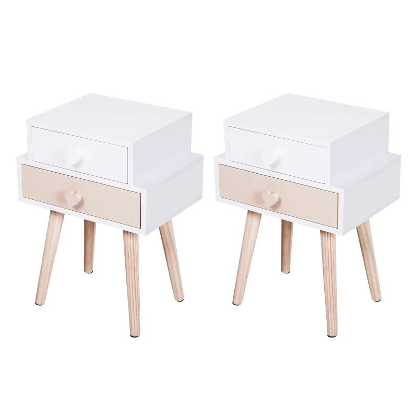 HOMCOM Children Bedside Table Set of 2 w/ Two Drawers Bedroom Kids Storage Cabinet Chest Pink & White 42 x 30 x 57 cm