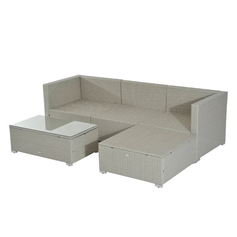 Outsunny 5 Piece Rattan Garden Furniture Set, Outdoor Corner Sofa with 67 cm Wide & Deep Seat, Sectional Outdoor Furniture Conversation Set with Cushions, Glass Top Coffee Table for Patio, Grey