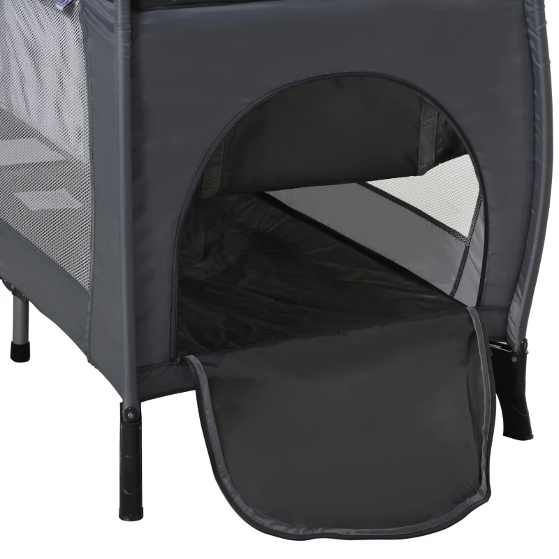 HOMCOM Portable Baby Infant Travel Cot Bassinet and Changing Top Metal Frame Mesh Panel Storage Pocket Locking Wheels 0-3 Yrs Grey