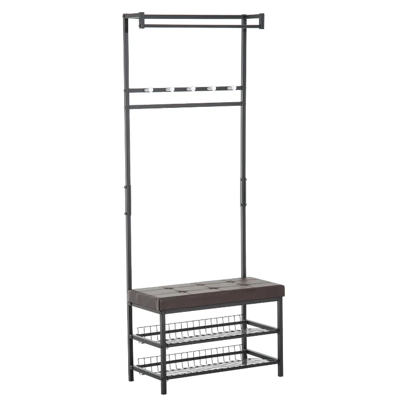 HOMCOM 5 Hook Metal Rail Hallway Coat Hanger w/ 2-Tier Shoe Bench Black