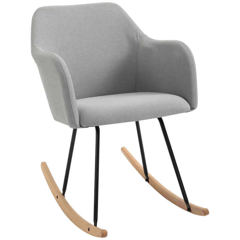 HOMCOM Linen Look Rocking Chair w/ Solid Wood Curved Legs Padded Seat Comfortable High Back Home Furniture Bedroom Living Room Relaxation Seat Light Grey