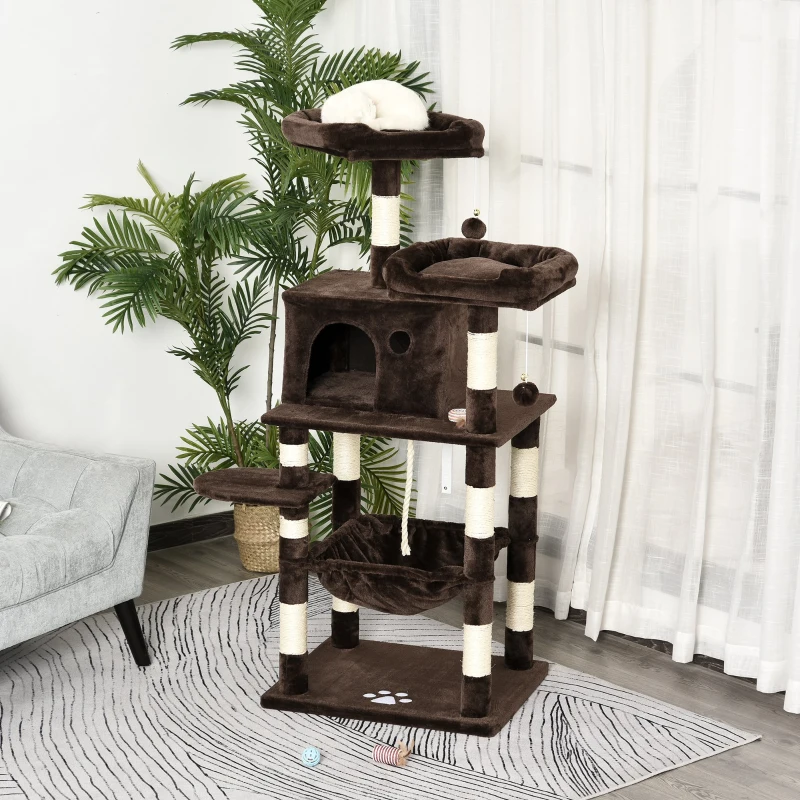 PawHut Cats 5-Tier Sisal Rope Leisure Tree w/ Dangle Toys Brown