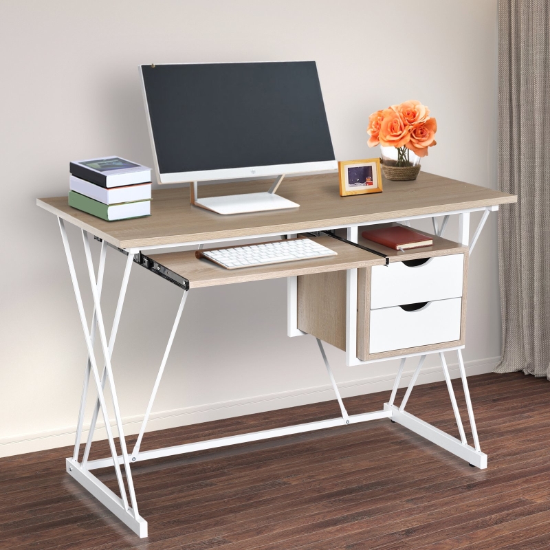 HOMCOM Computer Desk W/2 Drawers, 110Lx55Wx76H cm- Oak/White