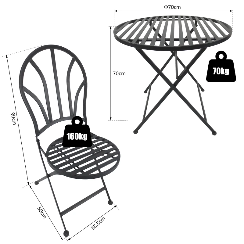 Outsunny Garden Metal Bistro Set 2 Folding Chair 1 Table Outdoor Furniture Black