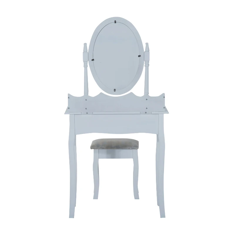 HOMCOM Wooden Dressing Table Vanity Set Makeup Shabby Chic Vintage Style Jewelry Cosmetic Storage Drawer Padded Seat w/Mirror & Stool (White)