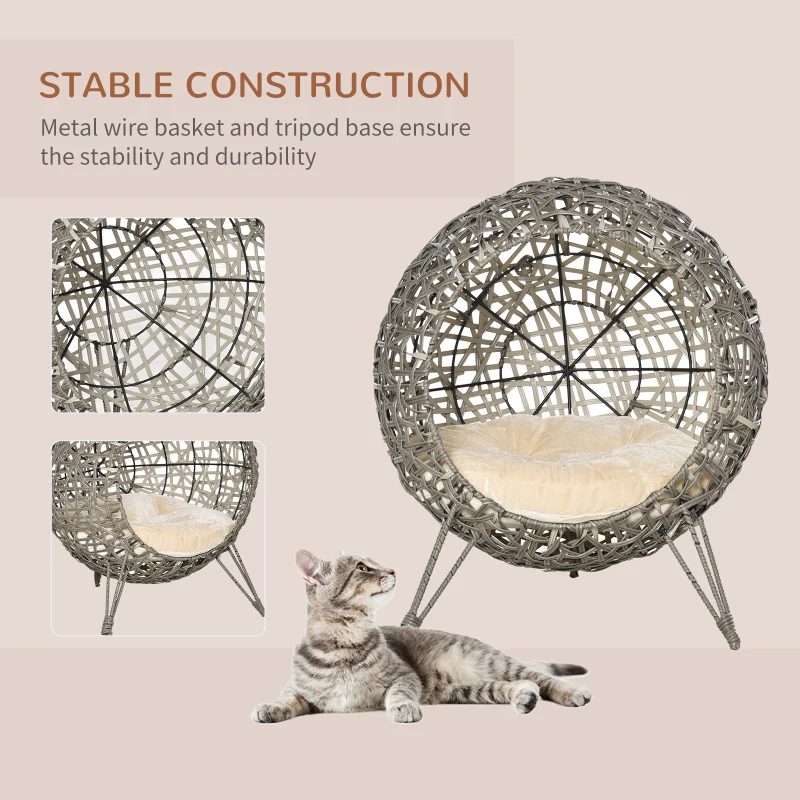 Pawhut Woven Rattan Wicker Elevated Cat Bed House Kitten Pussy Basket Ball Shaped Pet Furniture w/ Removable Cushion Smoky Grey 52 x 52 x 58 cm