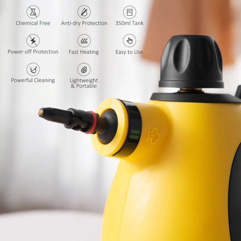 HOMCOM Handheld Steam Cleaner for Chemical Free Cleaning, Portable Multi-purpose Steamer with 9 Pieces Accessory for Kitchen, Bathroom, Window, Car Seat, Carpet, Sofa, 1050W, 350ML Tank, Yellow
