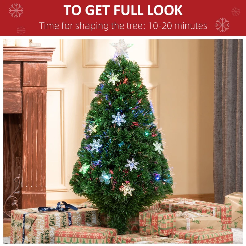 HOMCOM 4FT Prelit Artificial Christmas Tree Fiber Optic LED Light Holiday Home Xmas Decoration Tree with Foldable Feet, Green