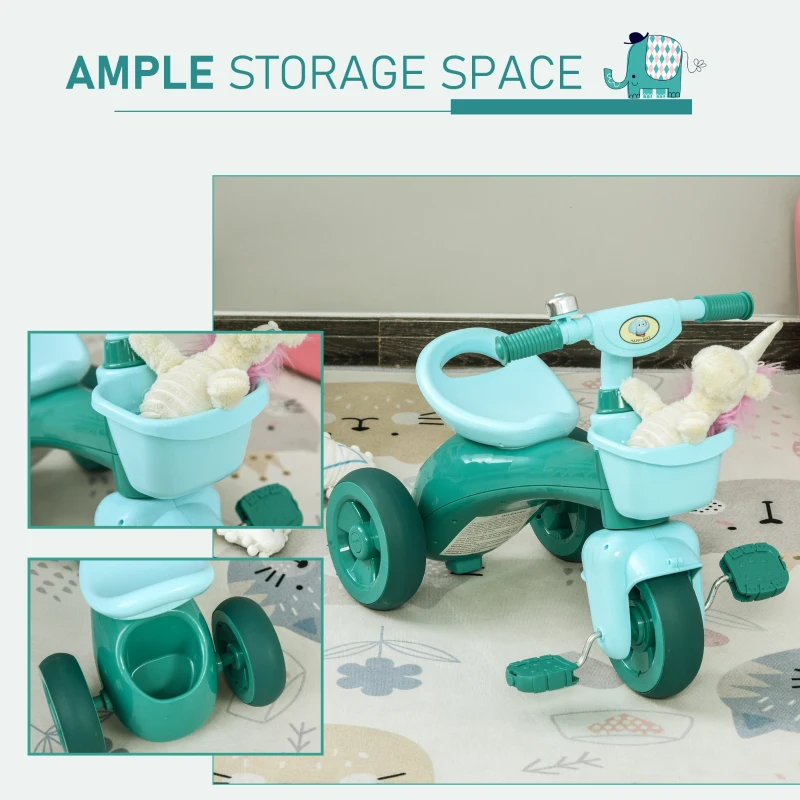 HOMCOM 3 Wheel Kids Tricycle Toddler Pedal Trike Ride on Bicycle with Front Back Basket Bell Balance Bike Boys Girls for 3 to 6 Years Green