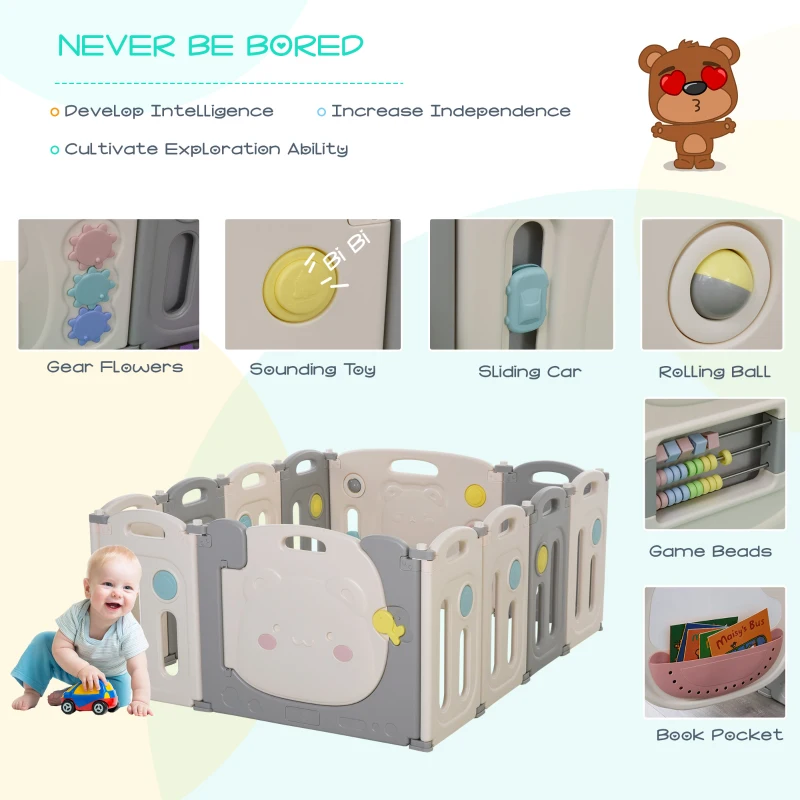 HOMCOM 12 Panel Foldable Baby Playpen Safety Play Yard Kids Activity Center Fence for Home Indoor Outdoor w/ Toys HDPE