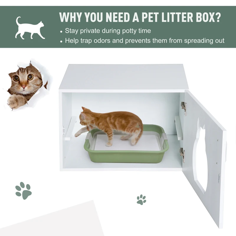 PawHut Wooden Cat Litter Box Enclosure Toilet Home Cabinet Pet Self Cleaning Kitty House Stand Bathroom Furniture Hidden Washroom White 51H x 60W x 41D cm