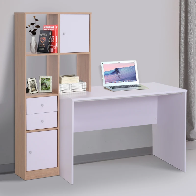 HOMCOM Computer Desk Combo Unit W/2 Drawers and 5 Cubes, 153Lx60Wx148H cm-Oak/White Colour
