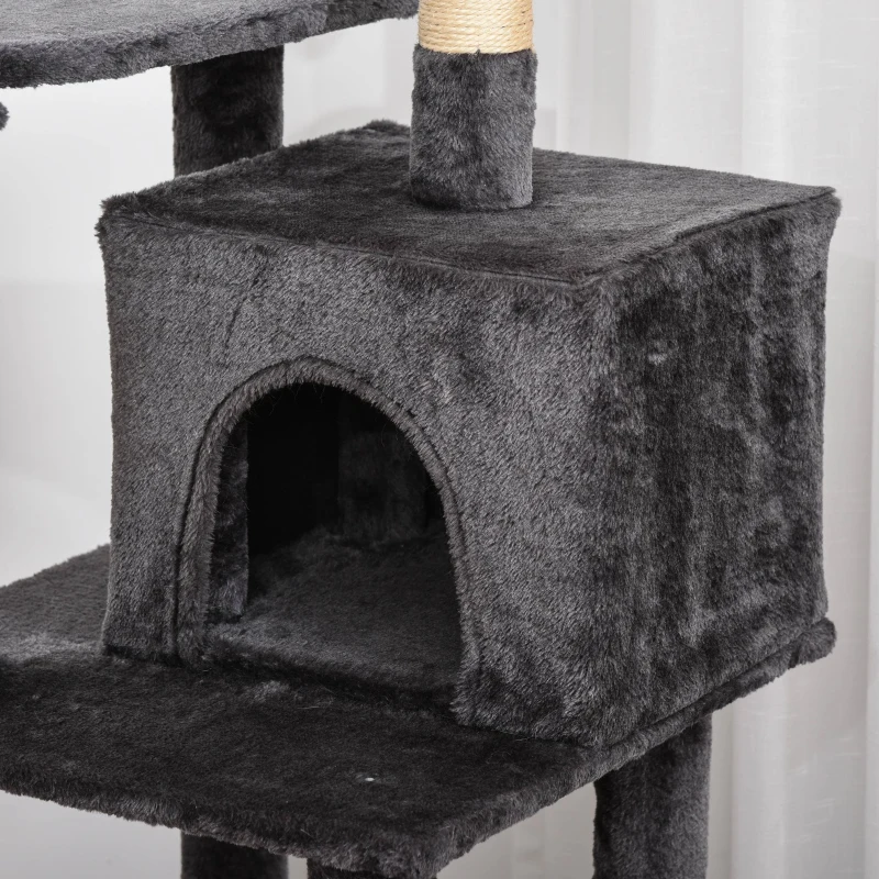 PawHut Cat Tree Tower for Indoor Cats 150cm Climbing Kitten Activity Center with Sisal Scratching Post Perch Hanging Ball Toy Hammock Ladder Double Condo Dark Grey