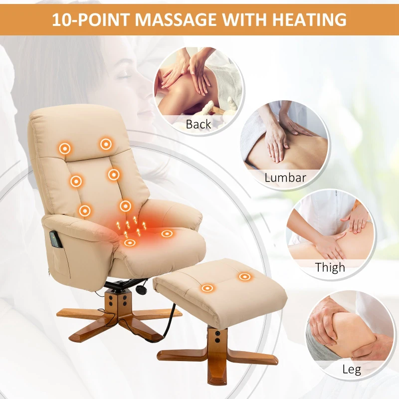 HOMCOM 10-Point Massage Sofa Armchair Chair PU Leather W/ Footrest Stool Heat Recliner Beige