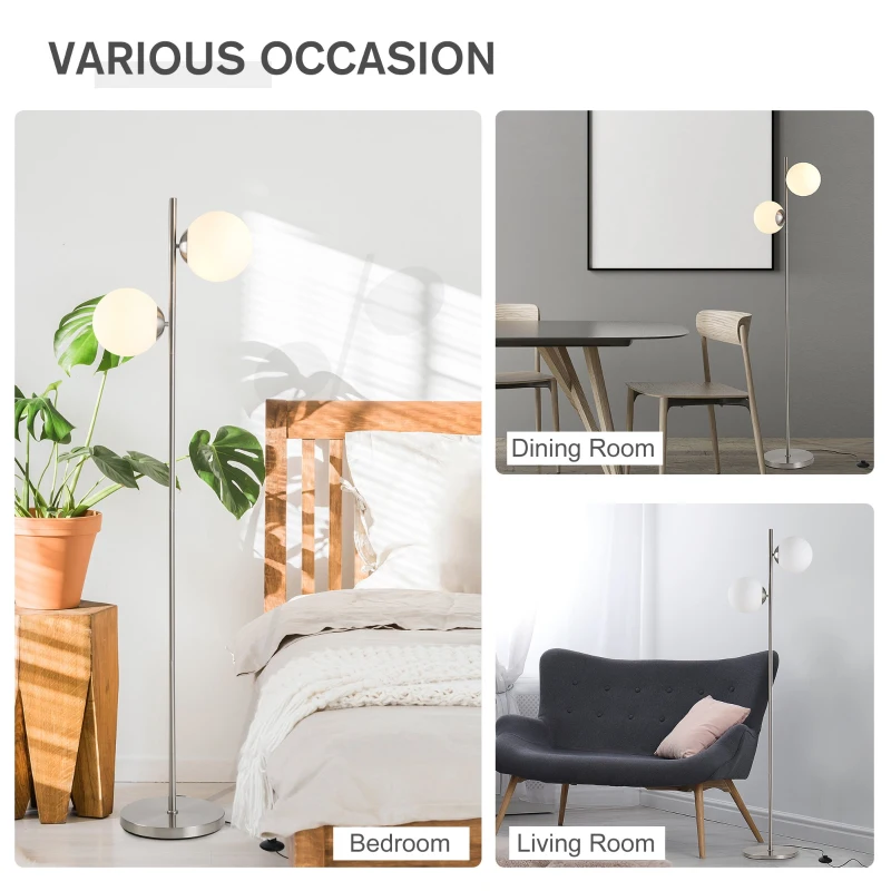 HOMCOM 2 Glass Shade Floor Lamp Metal Pole Modern Decorative w/ Floor Switch Silver