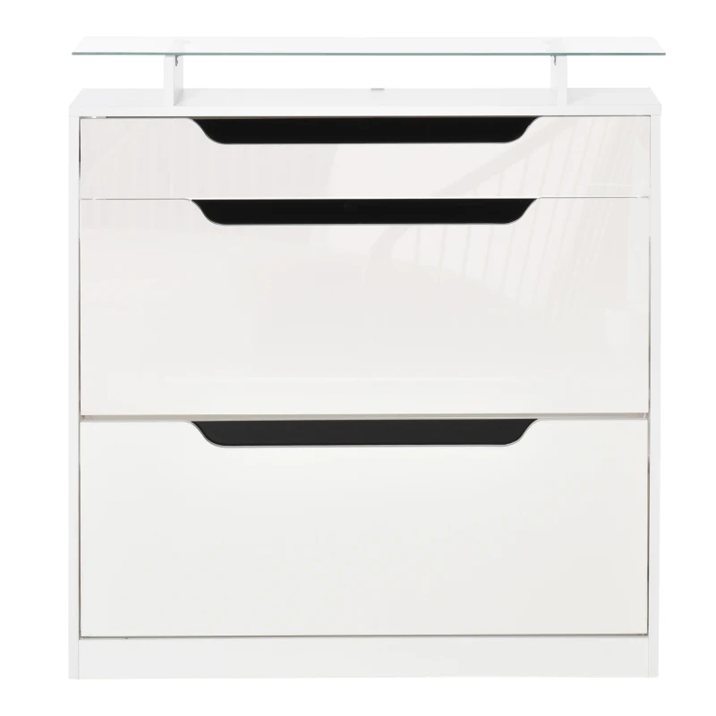 HOMCOM Shoe Storage Cabinet, Shoe Cupboard with Slide Out Drawer, 2 Flip Doors, Tempered Glass Top and Adjustable Shelves for 16 Pairs of Shoes, White