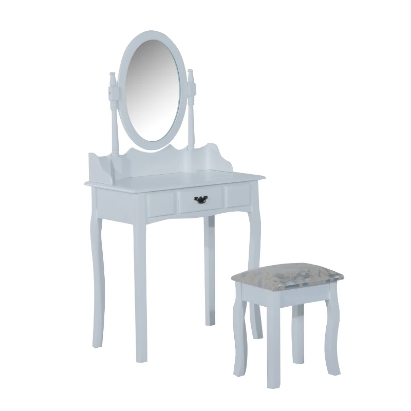 HOMCOM Wooden Dressing Table Vanity Set Makeup Shabby Chic Vintage Style Jewelry Cosmetic Storage Drawer Padded Seat w/Mirror & Stool (White)