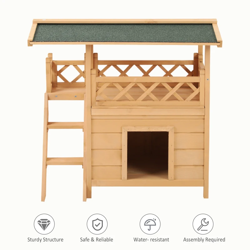 PawHut Wooden Cat House Outdoor Luxury Room Weatherproof Shelter with Balcony and Stair Puppy Garden Large Kennel Natural Wood