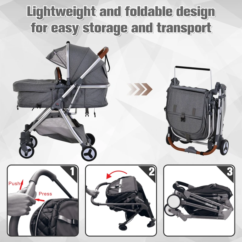 HOMCOM Aluminium Alloy Adjustable & Folding Baby Stroller Grey